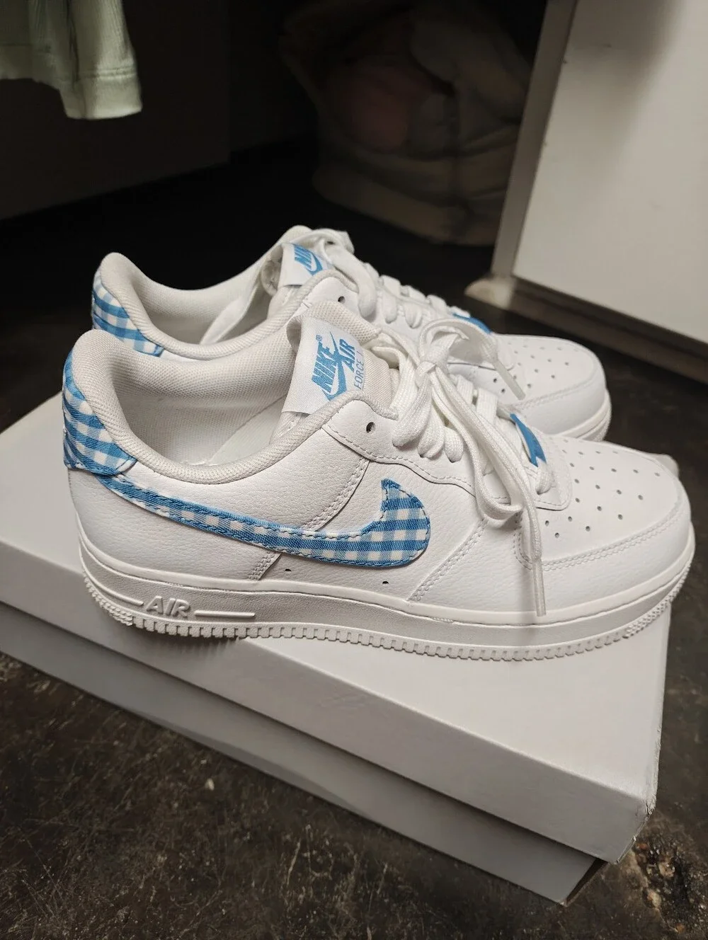 Nike White Sneakers with Blue Gingham Swoosh